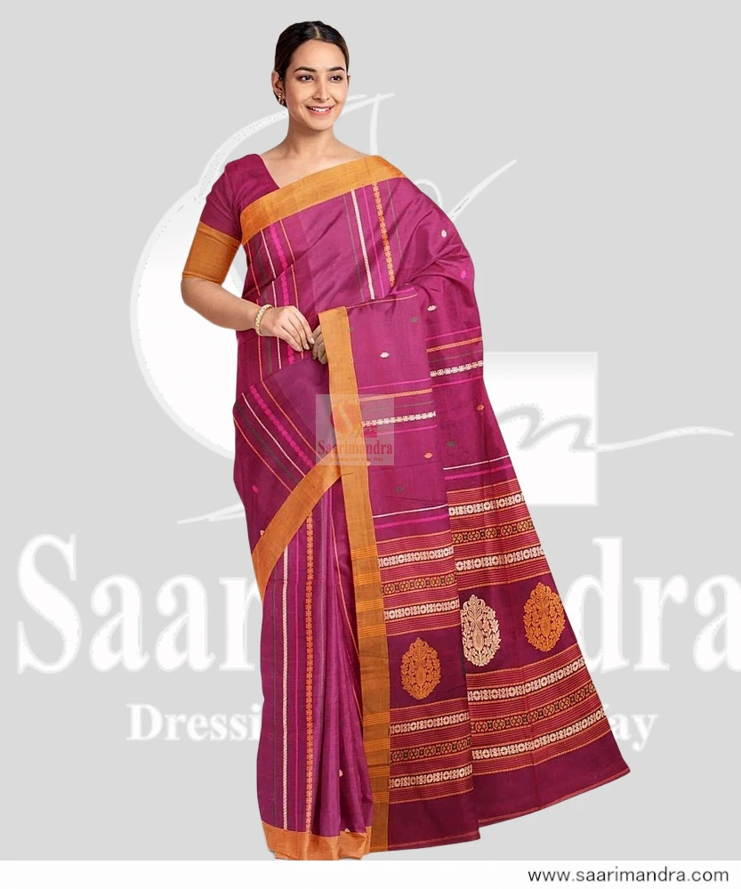 Handloom Indian Premium Magenta Saree with Mustard-Gold Border